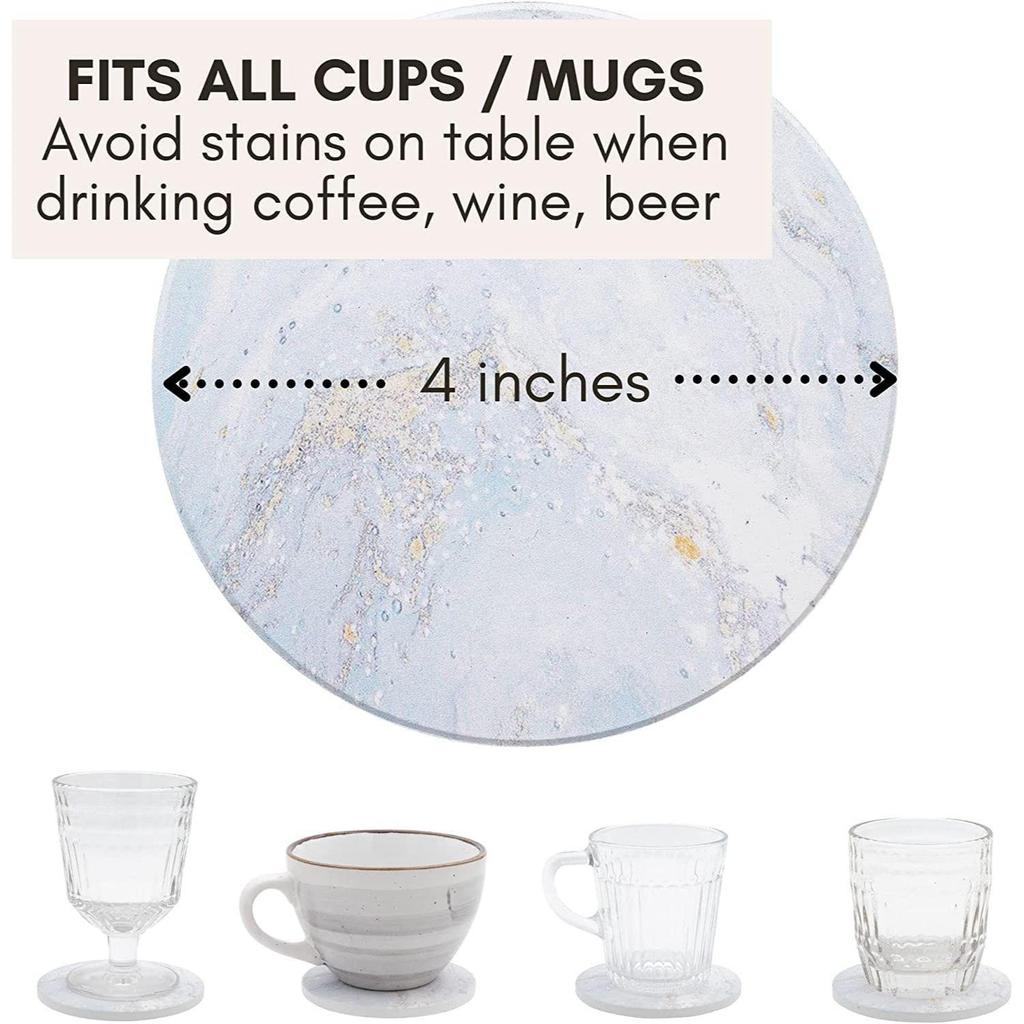 Bar Wine Coasters for Table - Set of 4 Vintage Handmade Marble Stone Coaster Set with Holder (Round Shape) (Rose Gold Stand)