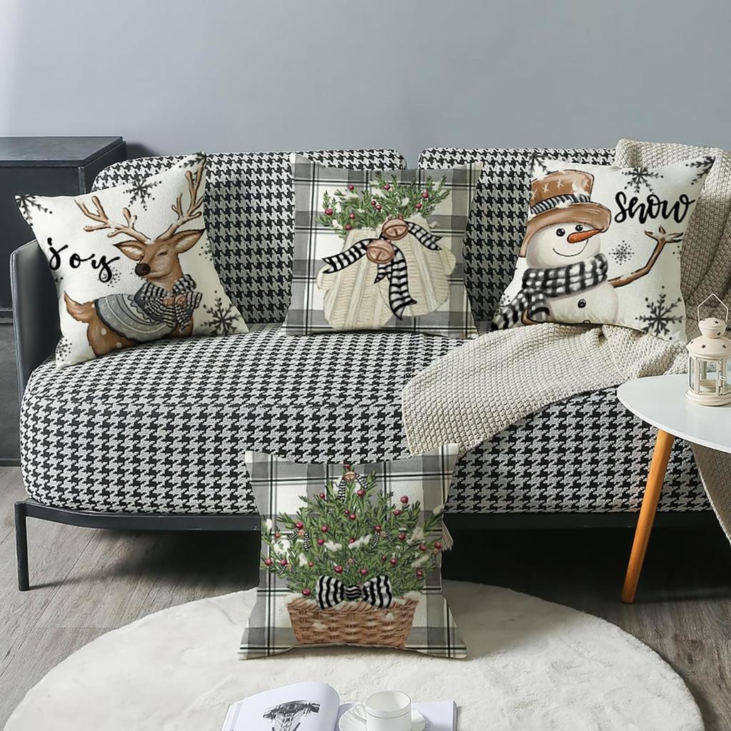 4 Set Christmas Cushion Cover Pillowcase 45cm Xmas Reindeer Snowman Cushion Covers Decorations for Home Ornament New Year Decor