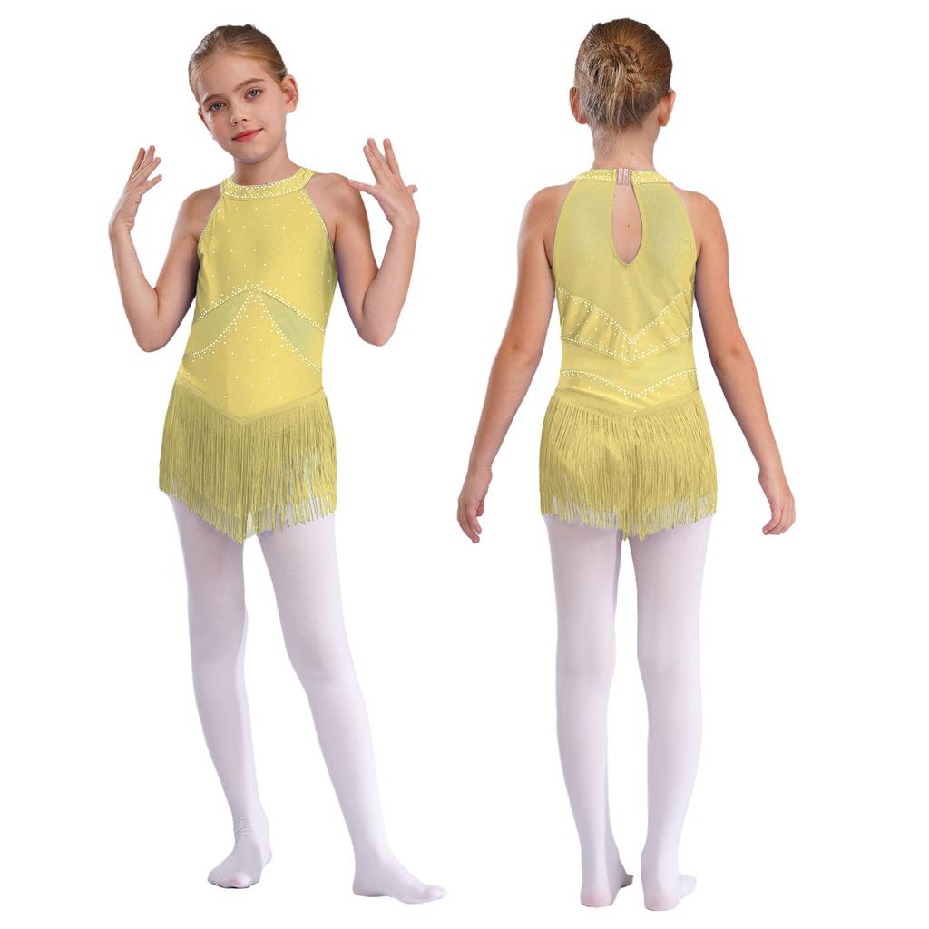 Детское трико для латинских танцев для девочек, костюм для фигурного катания, танго, ча-ча, без рукавов, сетчатое боди с кисточками и стразами