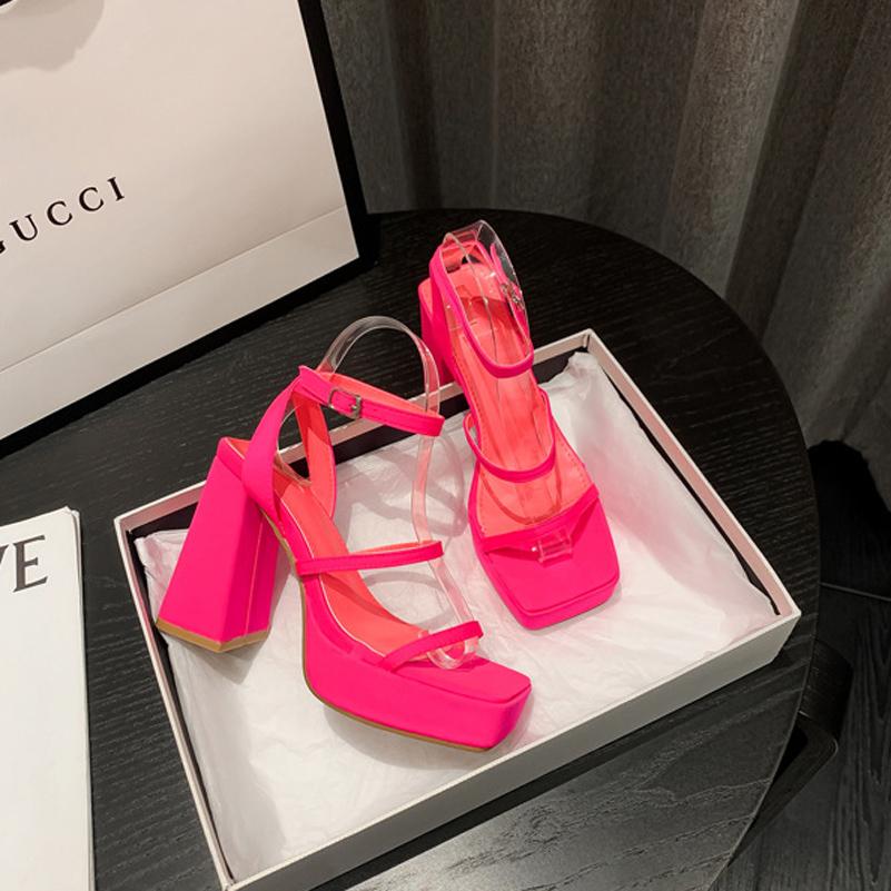 Женские босоножки с ремешком на щиколотке, квадратный носок, платформа, толстый высокий каблук с пряжкой, пикантная женская модная обувь, летняя персиково-черная обувь 42