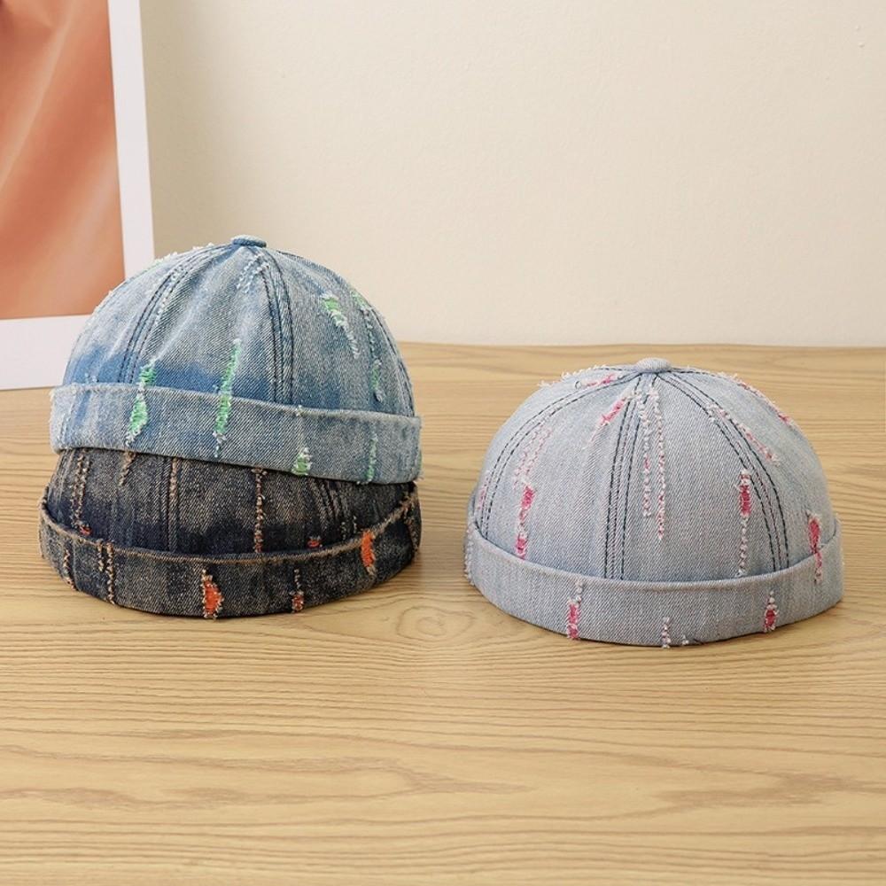 Broken Brimless Beanie Cotton Polyester Blend Brimless Cap Fashion Distressed Denim Hat Men Women