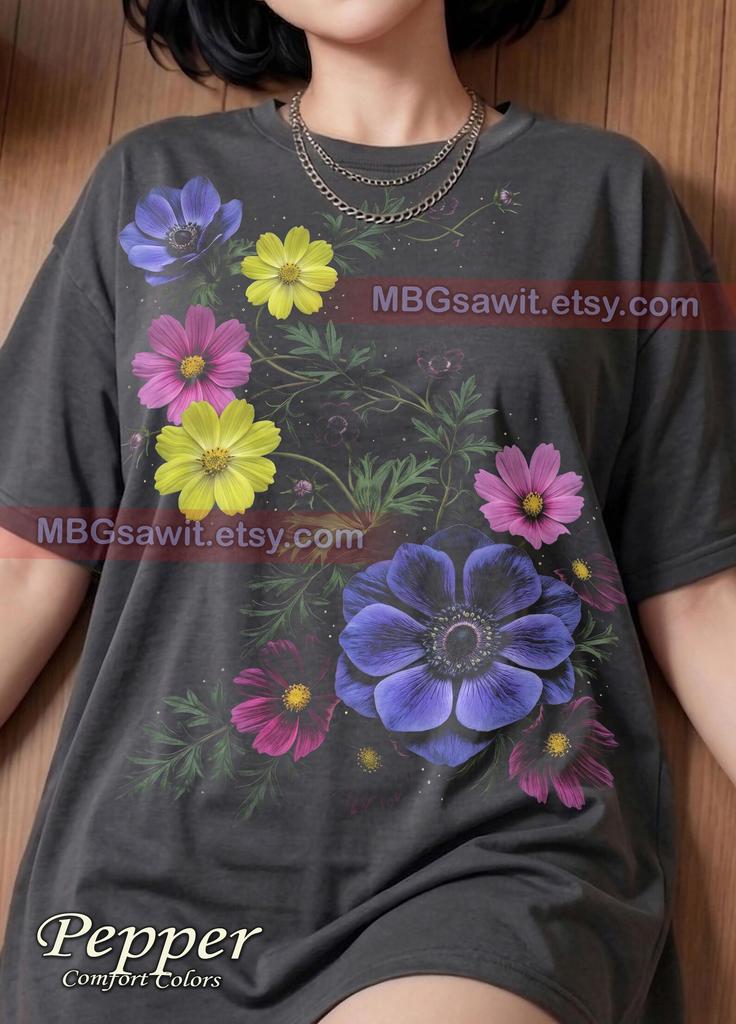 Anemone Cosmos Flowers Floral Art Botanical Comfort Colors® Tshirt, Nature Garden Black Background Gold Dust Vintage Graphic Tee