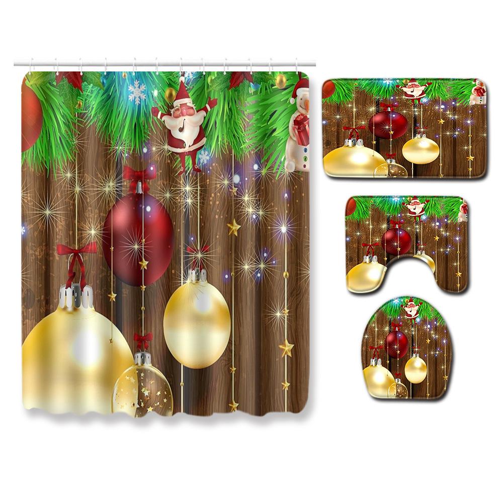 Christmas Shower Curtain Floor Mat Combination Four-Piece Set Bathroom Toilet Carpet Shower Room Mat Foot Mat