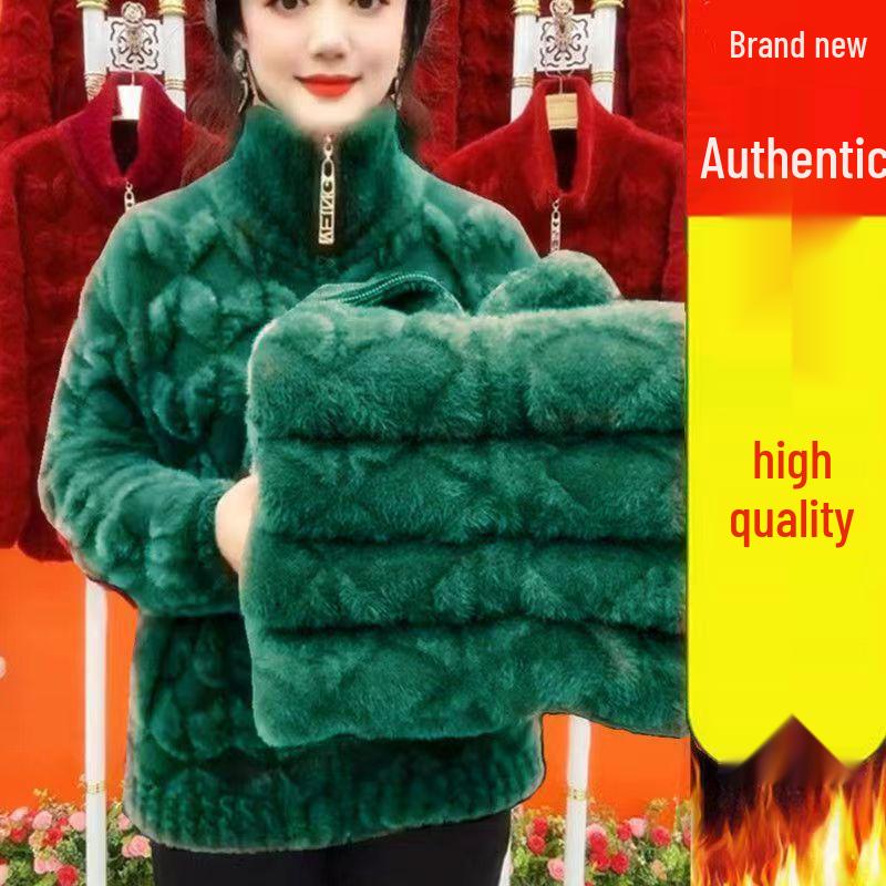 Plus Size Stylish Long-Sleeve Faux Mink Velvet Coat for Middle-Aged and Elderly Women