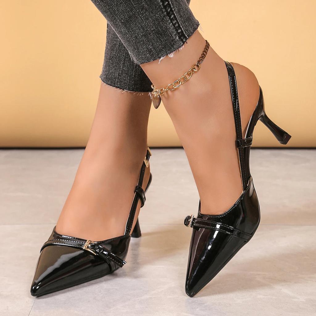 Модные женские босоножки на высоком каблуке Весенне-летние туфли с пряжкой и открытым носком Женские трендовые босоножки с острым носком Большой размер Zapatos De Mujer