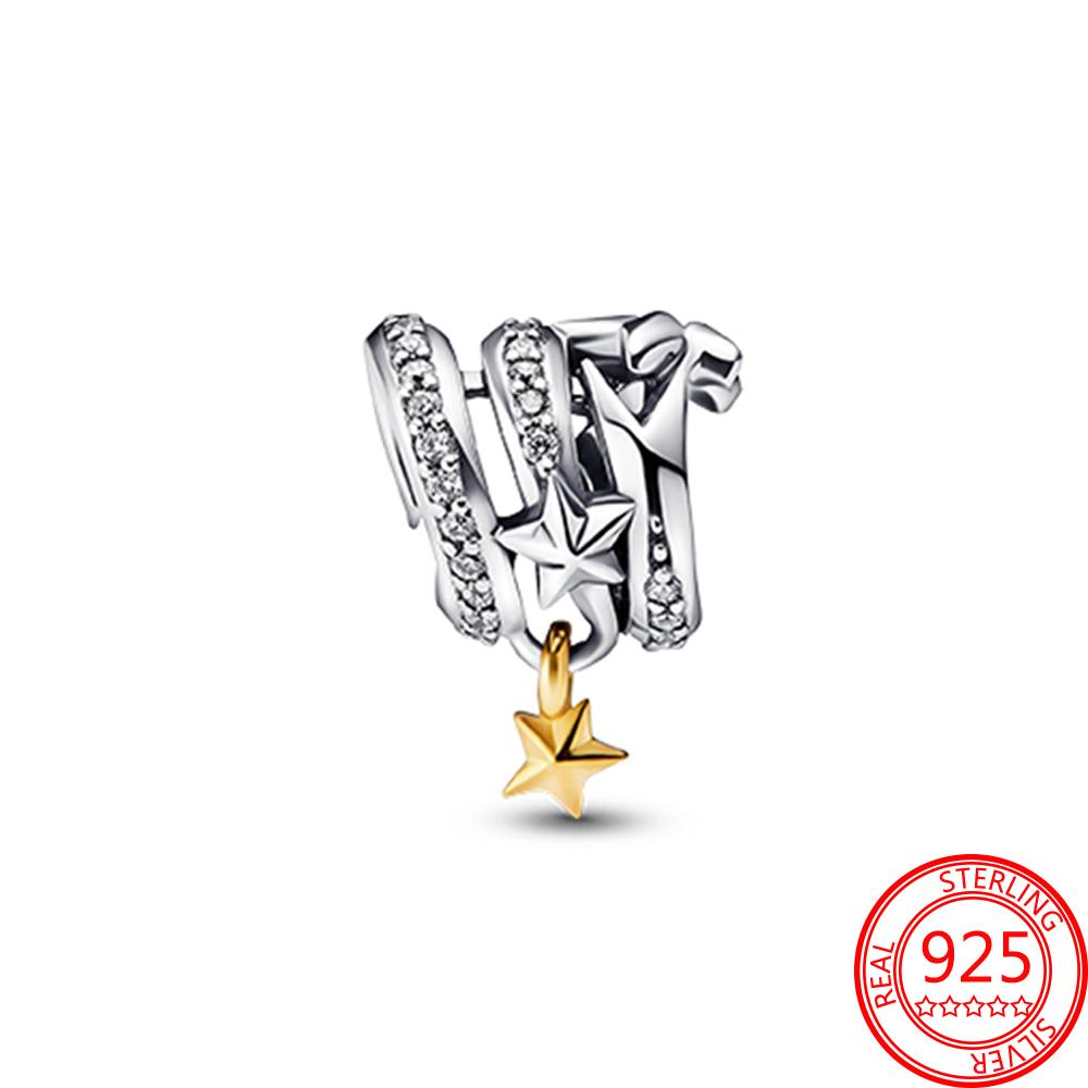 Trendy S925 Silver Gold Plated Pavé Zircon Sparkling Around Stars Dangle Charm Fit Fashion Bracelet DIY Jewelry Gift Making