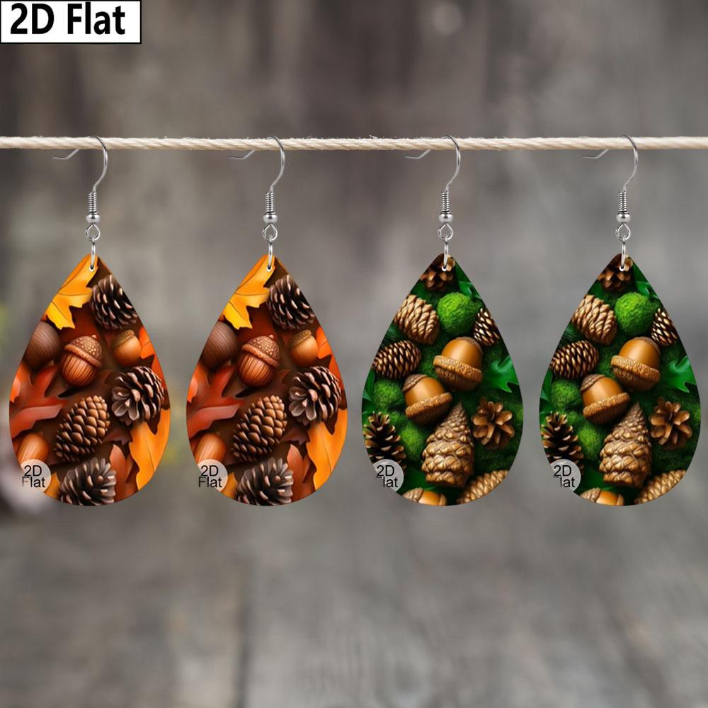 Autumn Thanksgiving/Christmas Gift Leather Women's Fashion Drop Earrings, Brown/Green Leaves Pinecone Patterned Design PU Earrings Jewelry for Wear