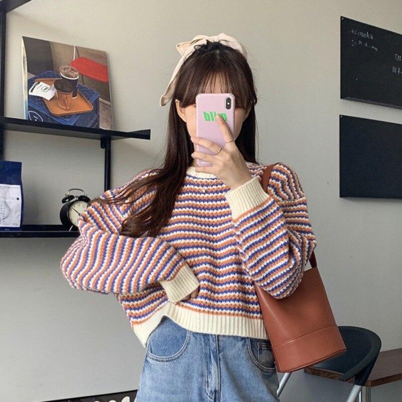 Женский вязаный свитер, весна-осень, винтажные полосатые укороченные свитера, женские свободные повседневные корейские пуловеры с длинными рукавами, топы