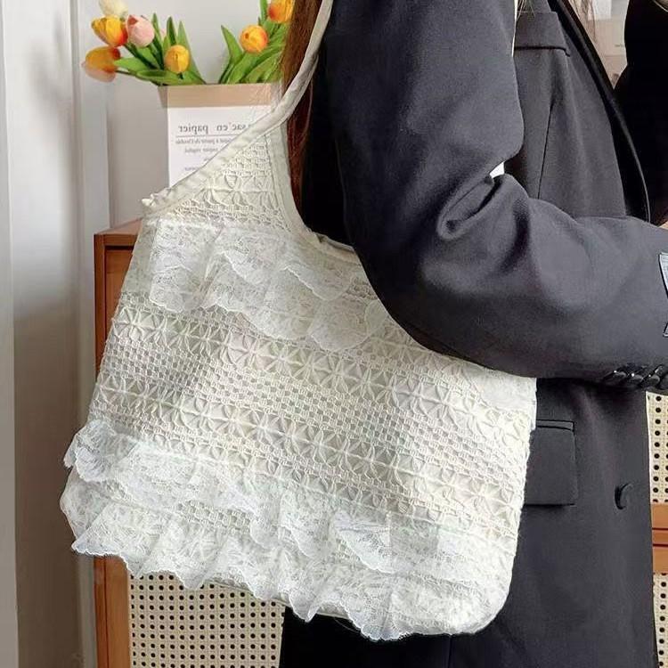 Lace Flowers Women Shoulder Bag Thin Polyester Ladies Shopping Handbags Solid Color Girs Book Bags Casual Female Travel Tote