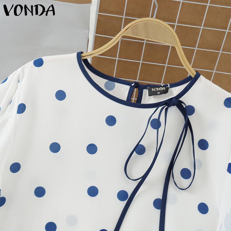 VONDA Женские осенние блузки с круглым вырезом и длинным рукавом в горошек на шнуровке