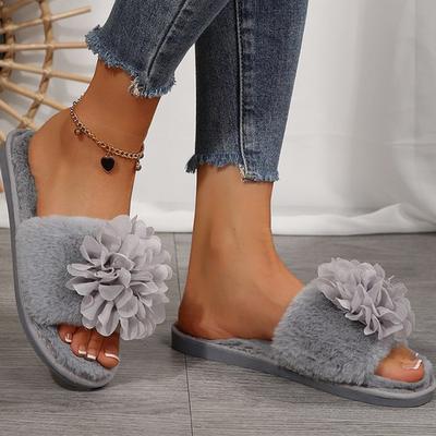 Модные Элегантные Хлопковые Тапочки с Цветочным Декором Женские 2025 Однотонные Тапочки Слипоны с Мехом для Женщин Искусственный Мех Домашние Плюшевые Слайды Женские