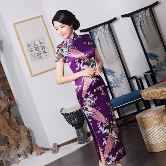 Женское длинное китайское длинное вечернее платье Cheongsam с коротким рукавом и принтом павлина