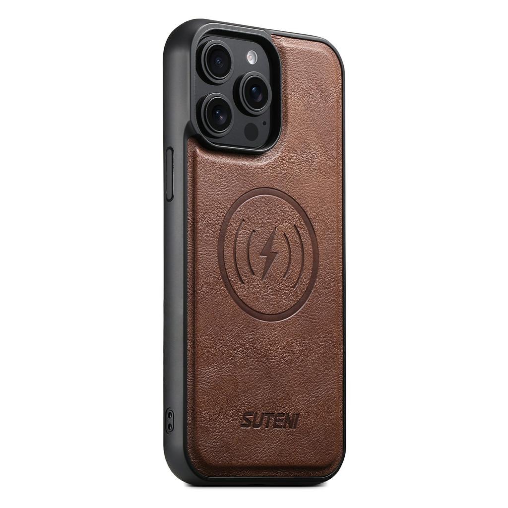 SUTENI M5 For iPhone 15 Pro Max Magnetic Case with Card Bag Cowhide Texture Leather Phone Back Cover