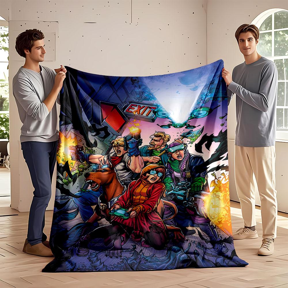 A Group Battling Monsters with Weapons, Led by a Dog In Dynamic Action. for All Seasons Blanket Lunch Break Throw Gift
