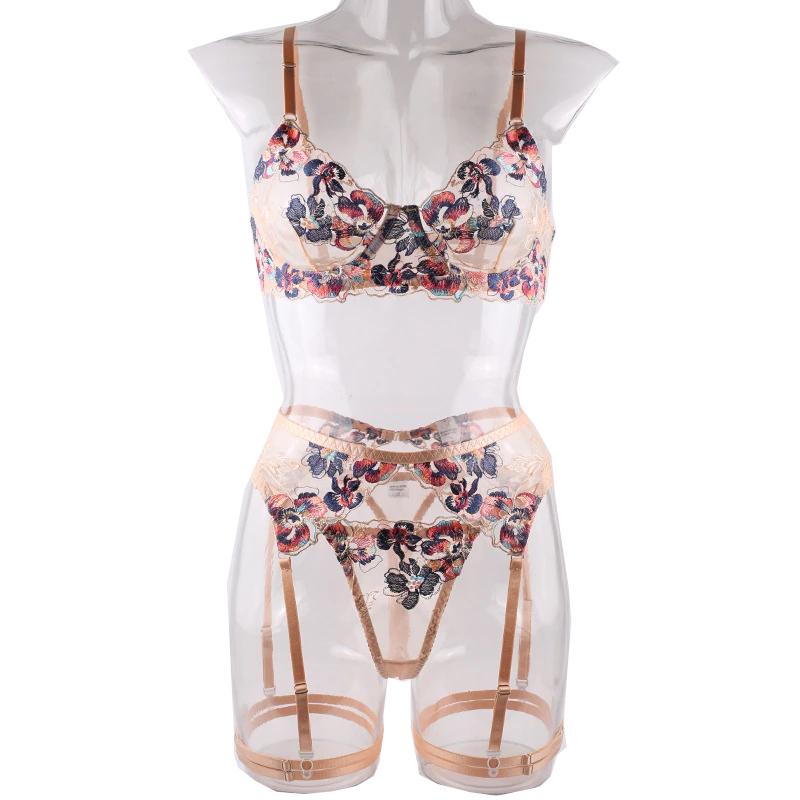 Женственный Прозрачный Цветочный Кружевной Комплект Белья Бюстгальтер Трусики Подвязка