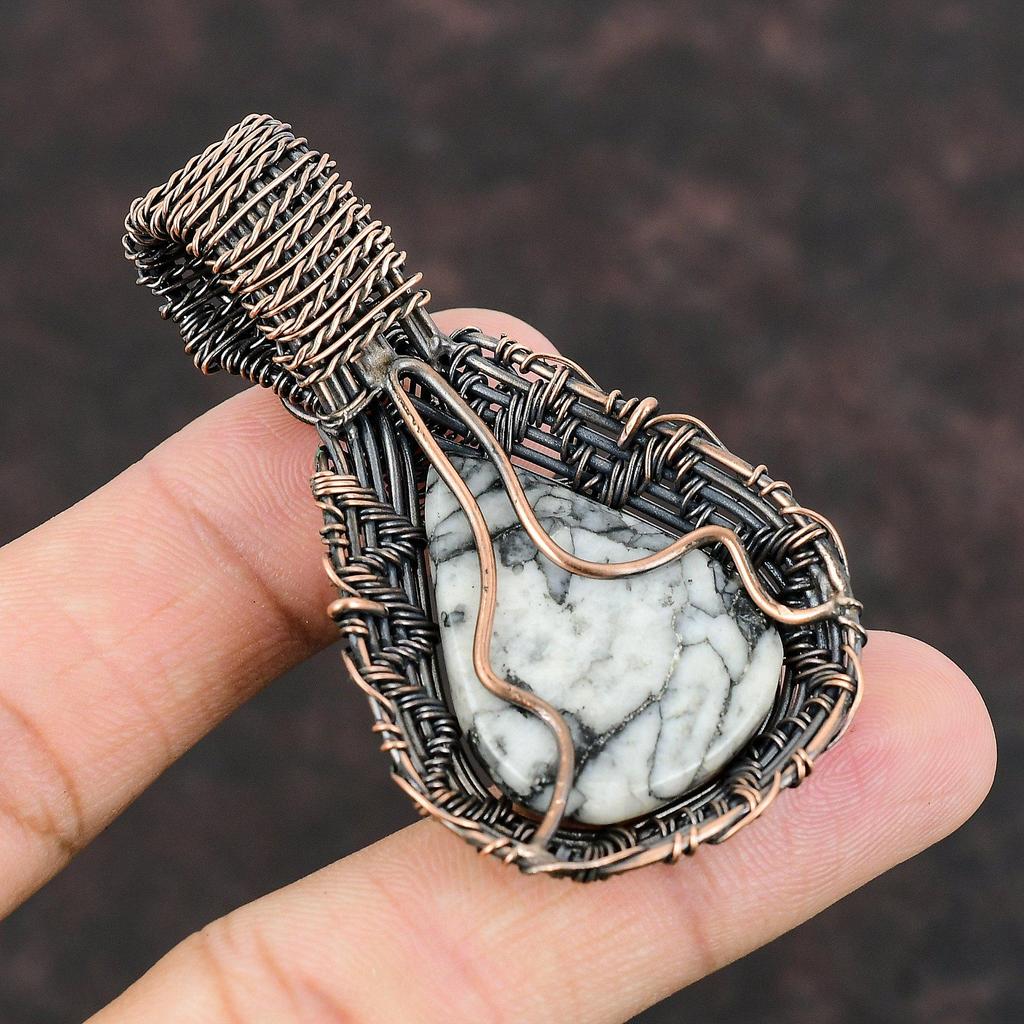 Подвеска из яшмы Pinolith, медная проволока, обернутая драгоценным камнем, дизайнерская подвеска ручной работы, радужный лунный камень, ювелирное украшение в подарок для нее, медные украшения