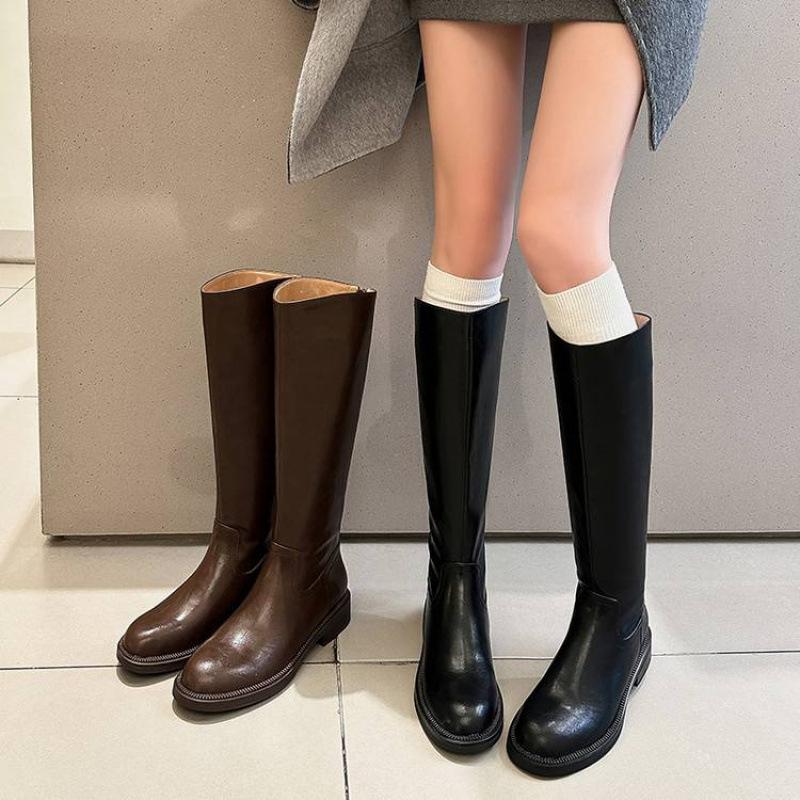 Осень и зима кожаные рыцарские ботинки женские средний каблук универсальные женские кожаные ботинки квадратный каблук большой обхват голенища молния коровья кожа высокие