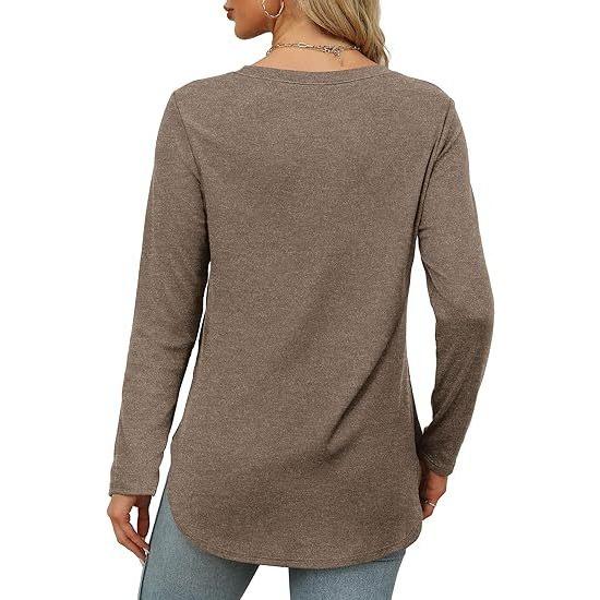 GMXIA Autumn Women's Solid Color Long Sleeve Top Round Neck Loose Casual Base Shirt