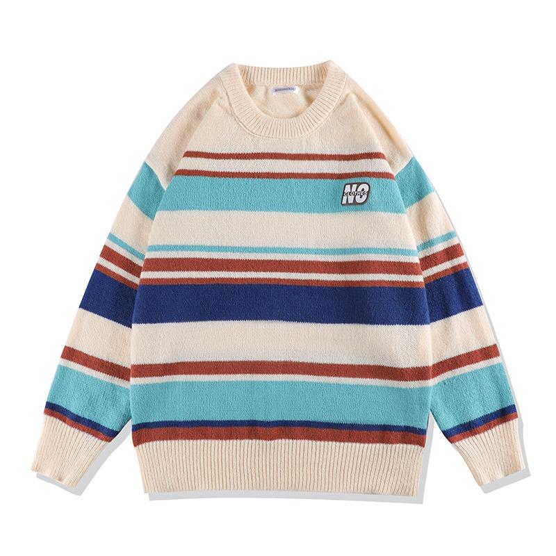 Мужской свободный полосатый свитер с круглым вырезом, осенний вязаный пуловер большого размера, зимний теплый трикотаж