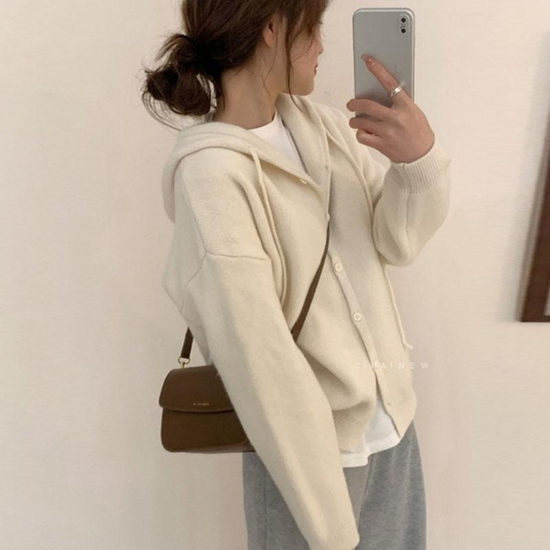 Корейский свитер, однотонный вязаный кардиган с капюшоном, женский весенне-осенний свитер, куртка, свободный повседневный свитер с шалью, женский кардиган