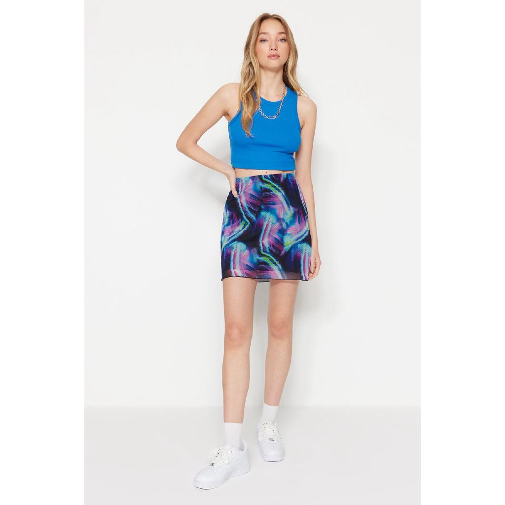 Brown Printed Tulle High Waist Lined Mini Knitted Skirt Twoss23et00050