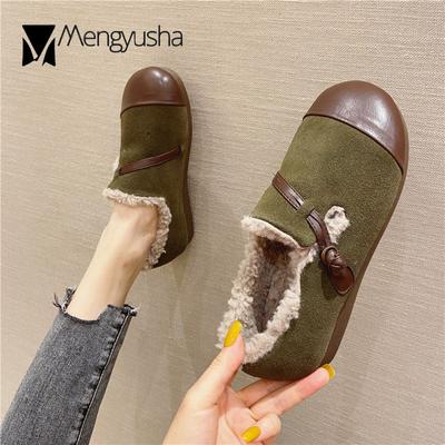 Модные плюшевые мокасины из нубука из коровьей кожи женские мокасины из натуральной кожи с узлом шнура зимние хлопковые туфли женские шерстяные меховые мокасины больших размеров