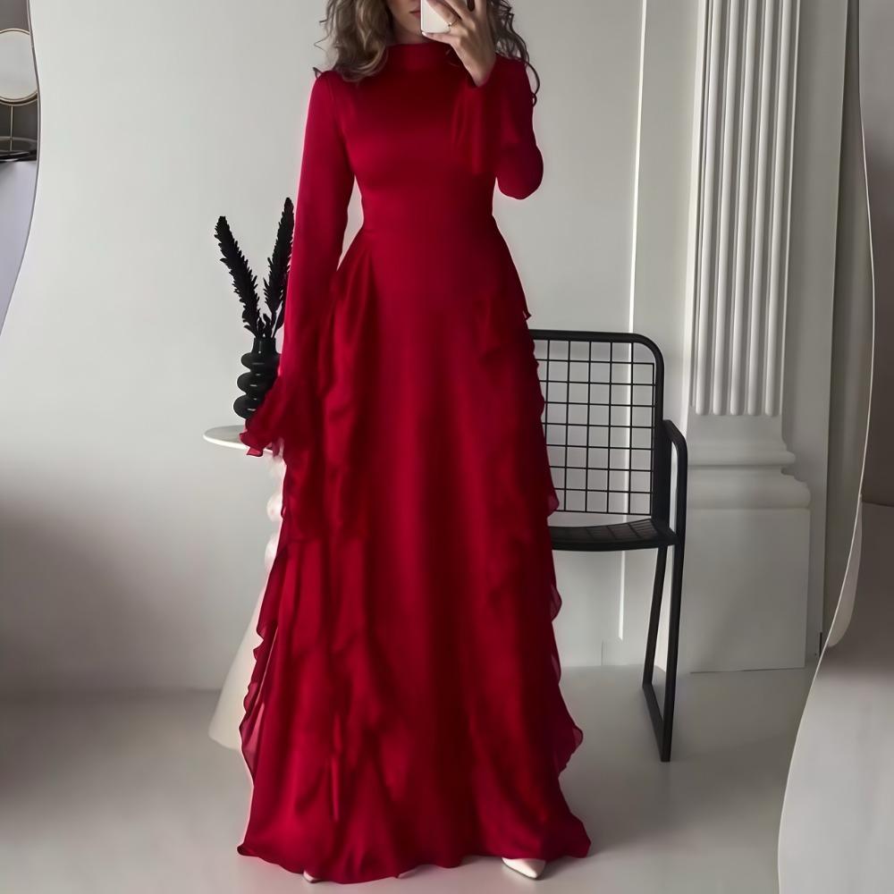 Women's Flare Sleeve Ruffle Dress Muslim Party Gowns Dubai Abaya Turkey Robe Elegant Female Robe Islamic Gown Autumn Fashion