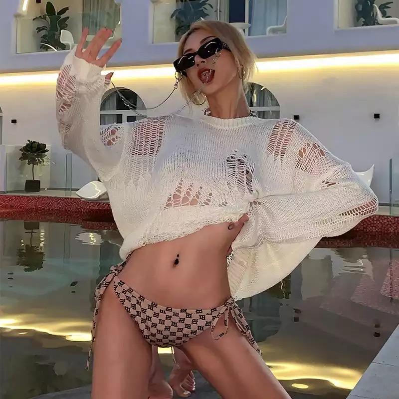 Свитер в стиле панк-готик, женский свитер большого размера со свободными отверстиями, пуловер с петлей и рукавами, хип-поп, вязаный осенний черный, белый цвет, женский