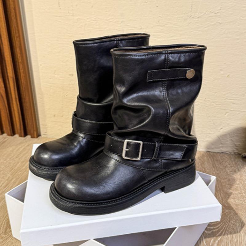Merlad Ankle Boots Retro Platform Pleated Buckle Trouser Boots Western Cowboy Slouch Boots