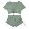 2Pcs/Set Women Summer Bikini Set V Neck Short Sleeve Tops High Waist Drawstring Swimming Trunks Solid Color Quick Drying Swimsuit