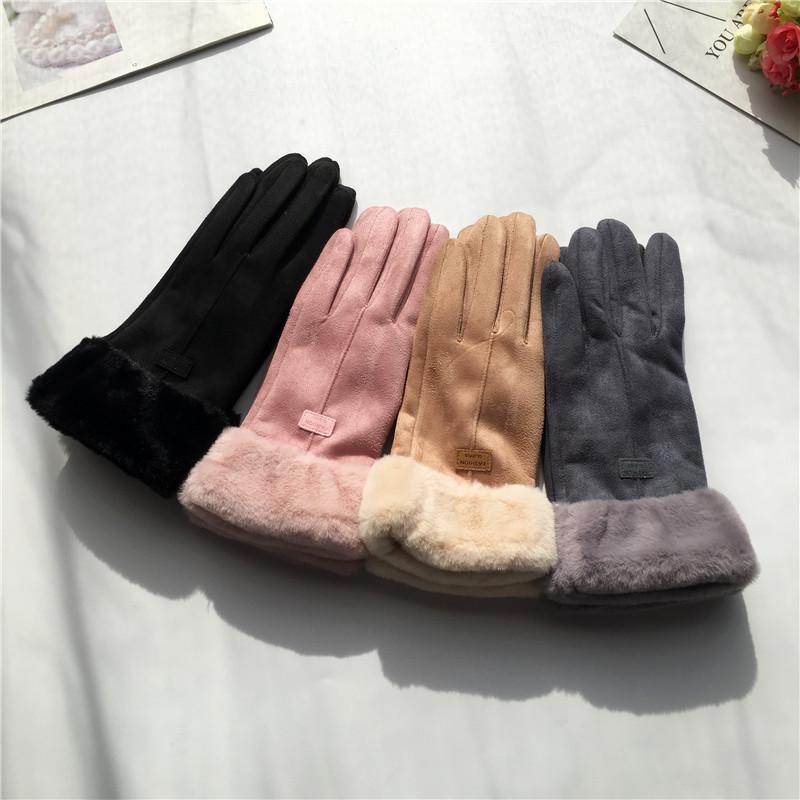 Suede Women's Gloves Single Line Hairy Winter Warm Outdoor Fleece Student Split Finger Touch Screen Gloves