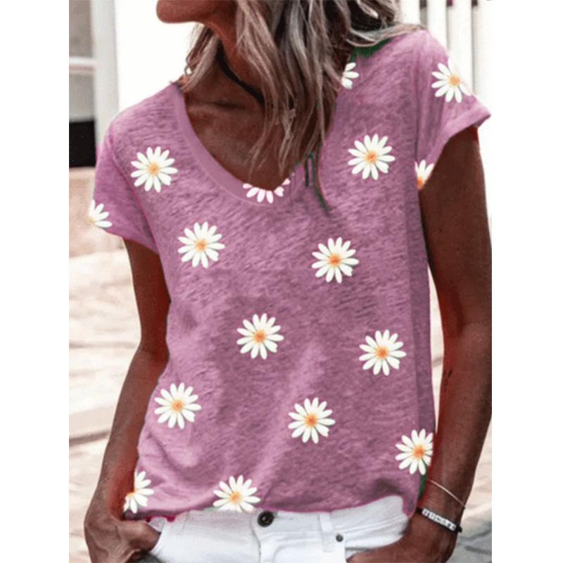 Fashion Spring Flower Print Blouses Short Sleeved V-Neck T Shirts Casual