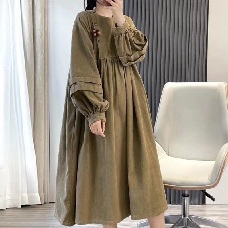 Johnature Японское лесное вельветовое платье осеннее круглое повседневное женское платье Mori с брошью