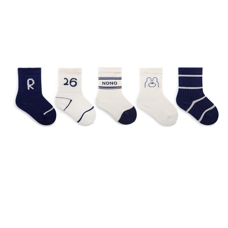 2023 5 Pairs Set Breathable Organic Cotton Crew Socks Cute Design for Infant Baby Kids Boys and Girls