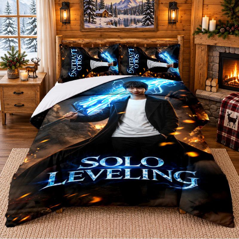 Solo Leveling Pattern Bedding 3Pcs Set Bed Sheet And Pillowcases For Indoor Bedroom