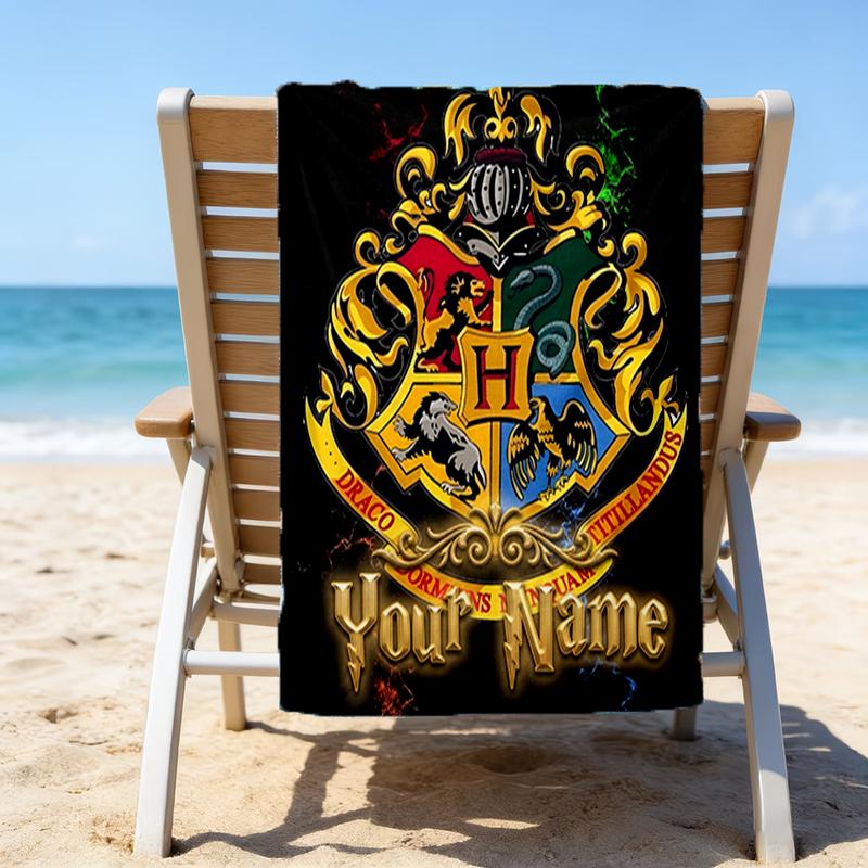 1pc Hogwarts Beach Towel with Custom Name, Beach and Seaside Swimming Pool Equipment, Fashion Pattern, Rectangular, Travel Essential