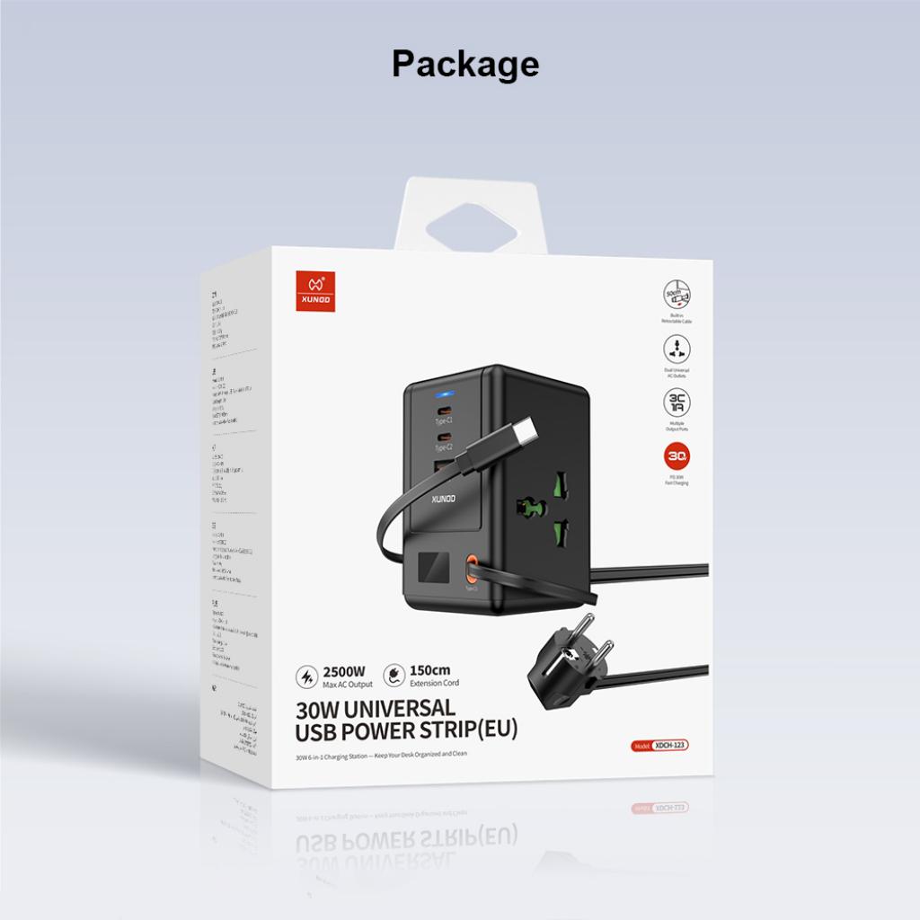 XUNDD XDCH-123 PD 30W Universal USB Power Strip with Retractable Cable Desktop Charging Station, 2 AC + 3 USB-C + 1 USB-A
