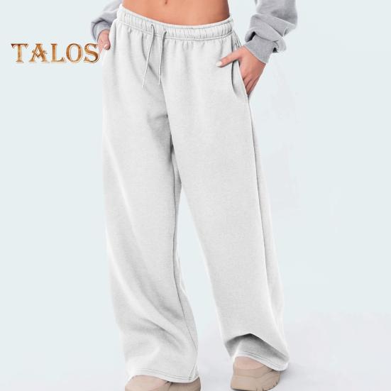 Женские спортивные брюки средней посадки с эластичной резинкой на талии, регулируемые длинные брюки с завязками, однотонные широкие брюки на бархатной подкладке для осени и зимы