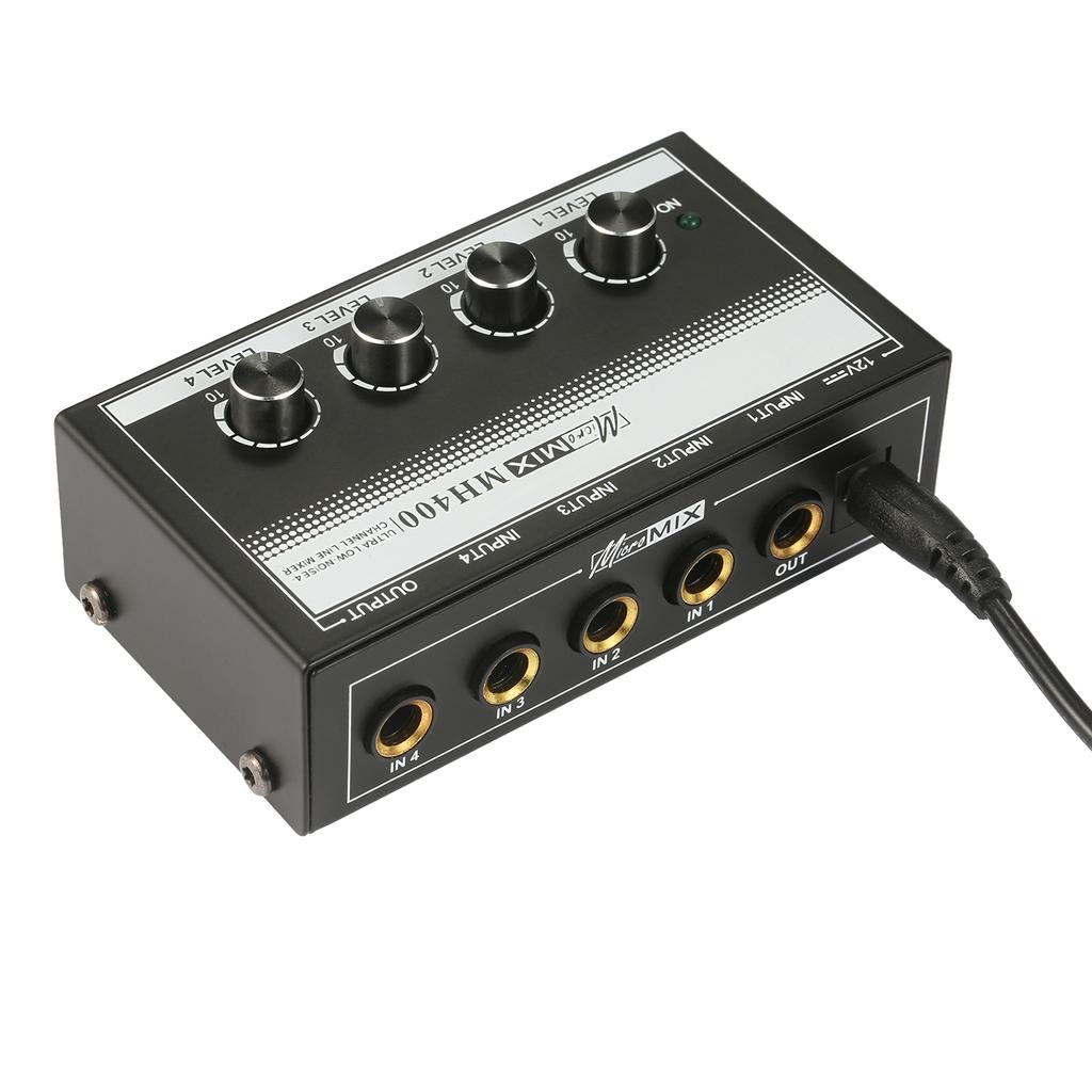 MH400 Ультрамалошумящий 4-канальный линейный микшер Мини-аудиомикшер с 1/4-дюймовыми входами TS и выходной громкостью