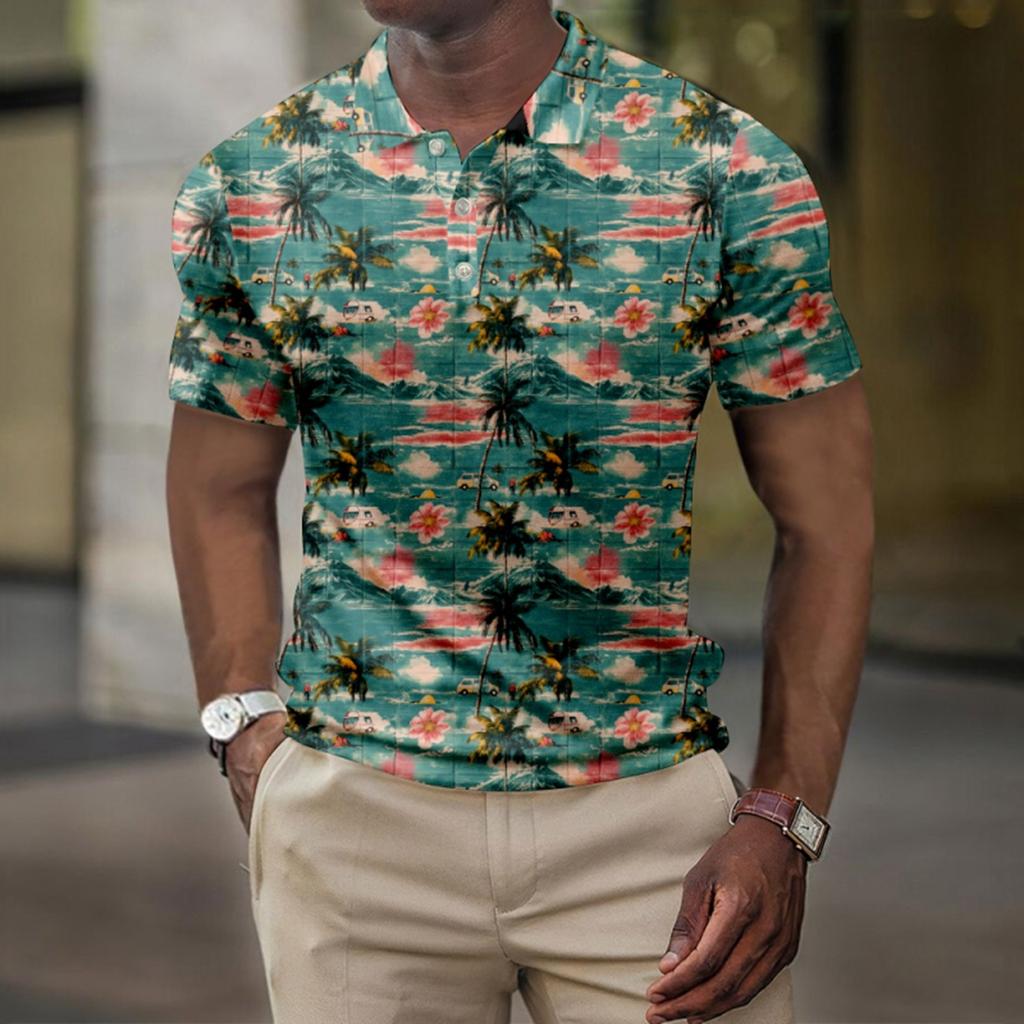Men's Summer Hawaii Printed Golf Shirt Botton Short Sleeve Top Men's Casual Fashion Shirt