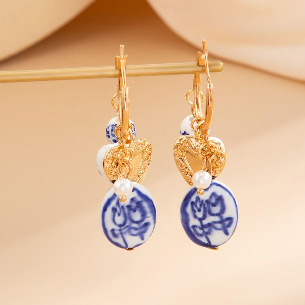 Ювелирные аксессуары Сине-белые фарфоровые серьги Цинк Цинковый сплав Серьги-кольца Керамическая ушная пряжка Вечеринка