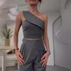Летний европейско-американский комплект из однотонного укороченного топа без рукавов, который можно носить разными способами, и длинных брюк с высокой талией
