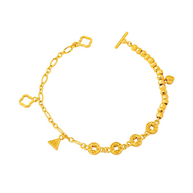 Стильный браслет с древними монетами для женщин – Ретро вьетнамское песочное золото с блестящими бусинами и долговечным сохранением цвета.