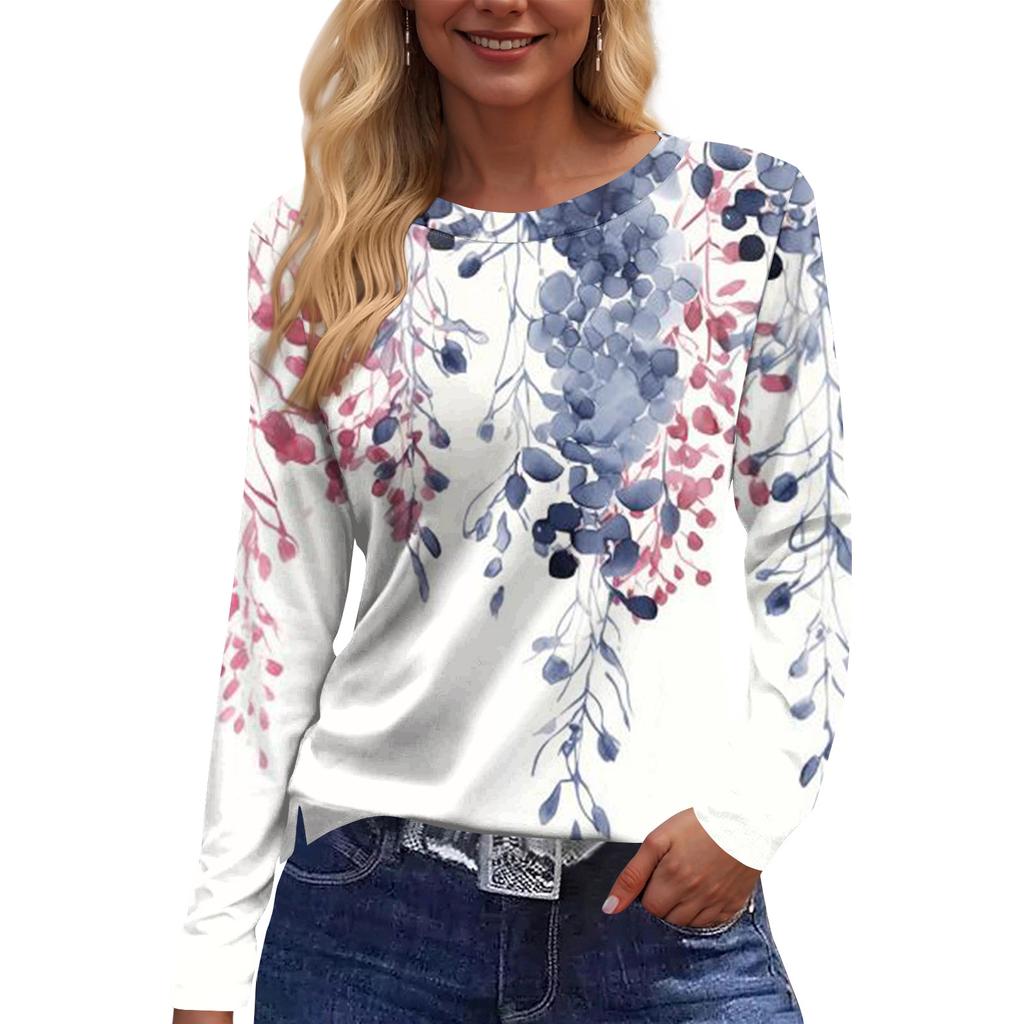 Women's Fashion Casual Slit Hem Round Neck Long Sleeve Loose Printed T-Shirt Ladies Top