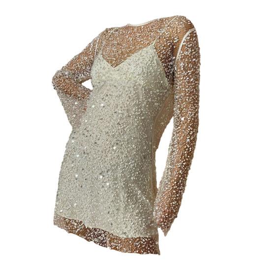 Комплект из 2 предметов, платьев, прозрачное, с пайетками, с длинным рукавом, свободным, с круглым вырезом, с вырезом, для выпускного вечера