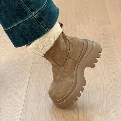 Простые ветрозащитные теплые зимние сапоги на толстой подошве, женские, зимняя мода, ретро плюшевые короткие сапоги, комбинированные, на толстом каблуке, модные сапоги