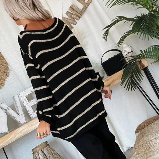 Women Autumn Oversized Sweater Elegant O-Neck Long Sleeve Striped Splicing Color Pocket Loose Pullover Elegant Knitting Jumper