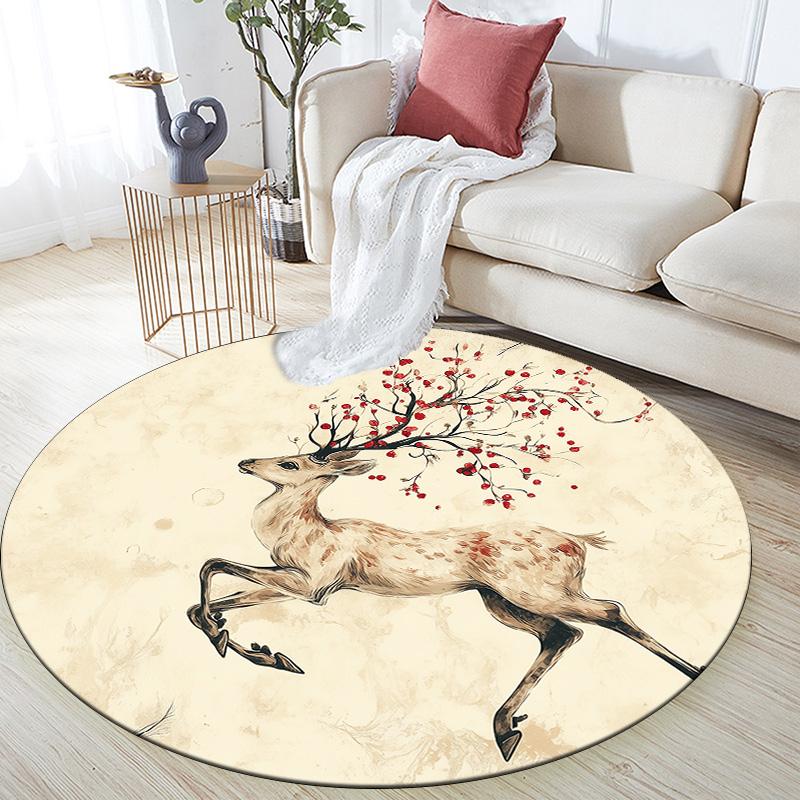 Бегущий олень, Круглый ковер, Ковер для гостиной, спальни, дивана, игровой комнаты, Декор, Нескользящий коврик для пола
