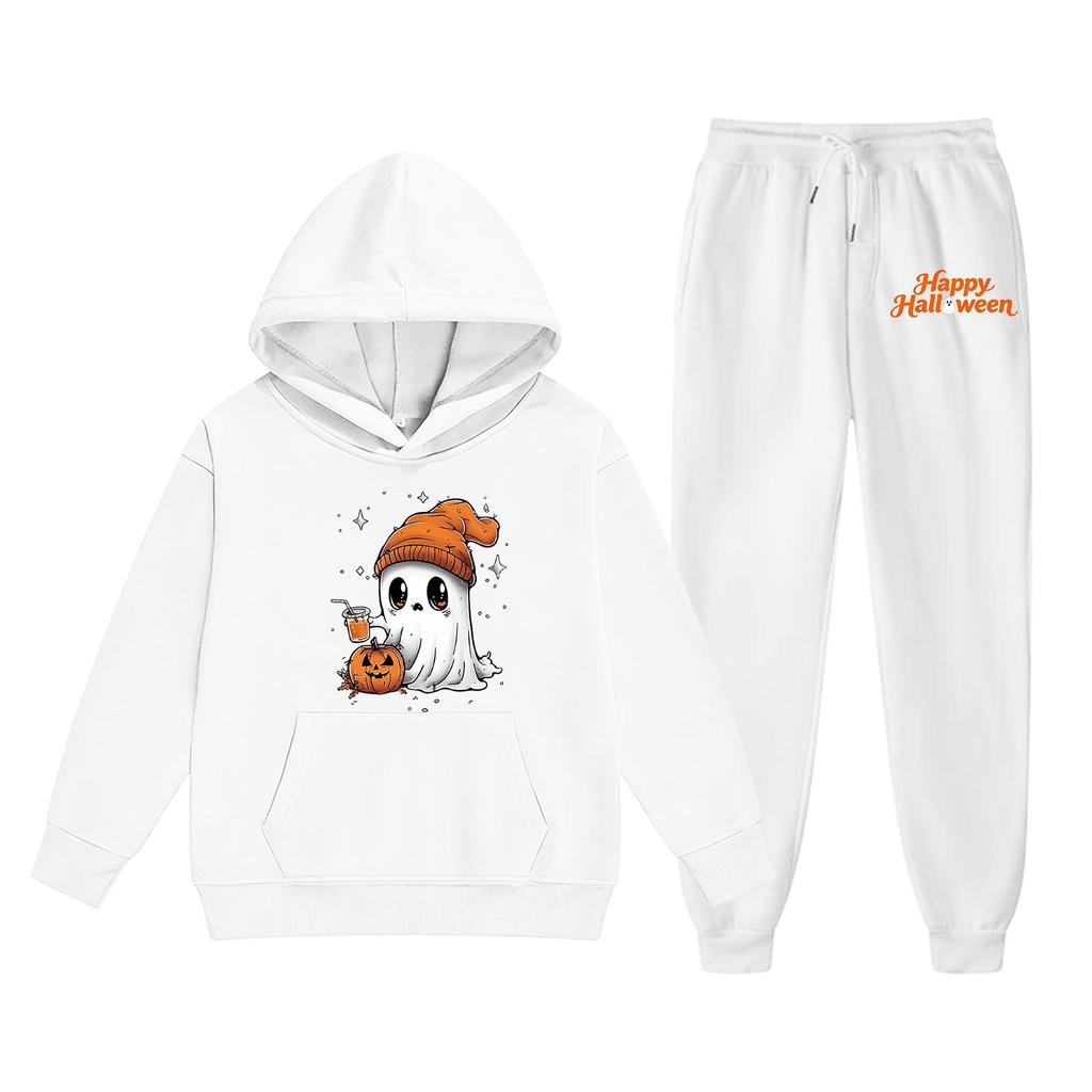 Kids Halloween Hoodie and Sweatpants Set Ghost Pumpkin Print Hooded Sweatshirt and Matching Bottoms Comfortable Fit for Boys and Girls