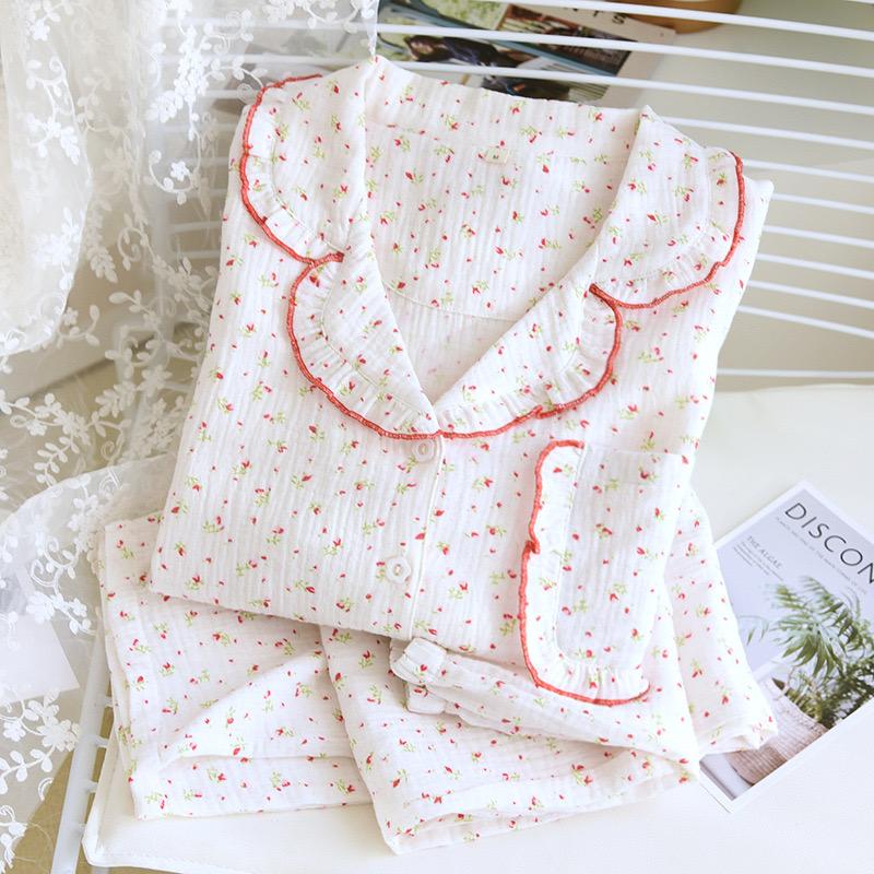 Весенняя женская пижама, летняя домашняя одежда из хлопкового крепа, длинные рукава, длинные брюки, комплект из 2 предметов, женский комплект для дома